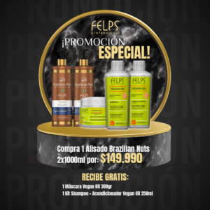 Kit Alisado Brazilian Nuts 2x1000ml - GRATIS 1 Máscara Vegan Oil 300gr - 1 Kit Shampoo + Acondicionador Vegan Oil 250ml