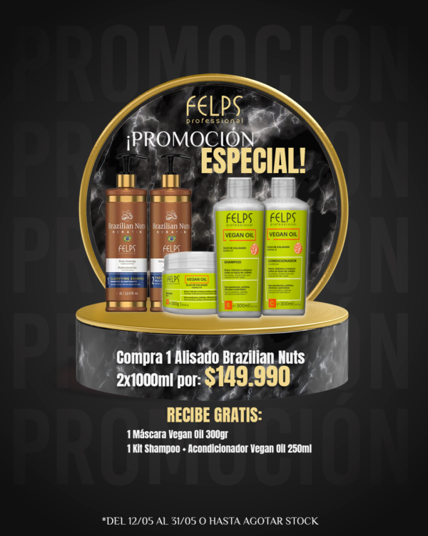 Kit Alisado Brazilian Nuts 2x1000ml - GRATIS 1 Máscara Vegan Oil 300gr - 1 Kit Shampoo + Acondicionador Vegan Oil 250ml